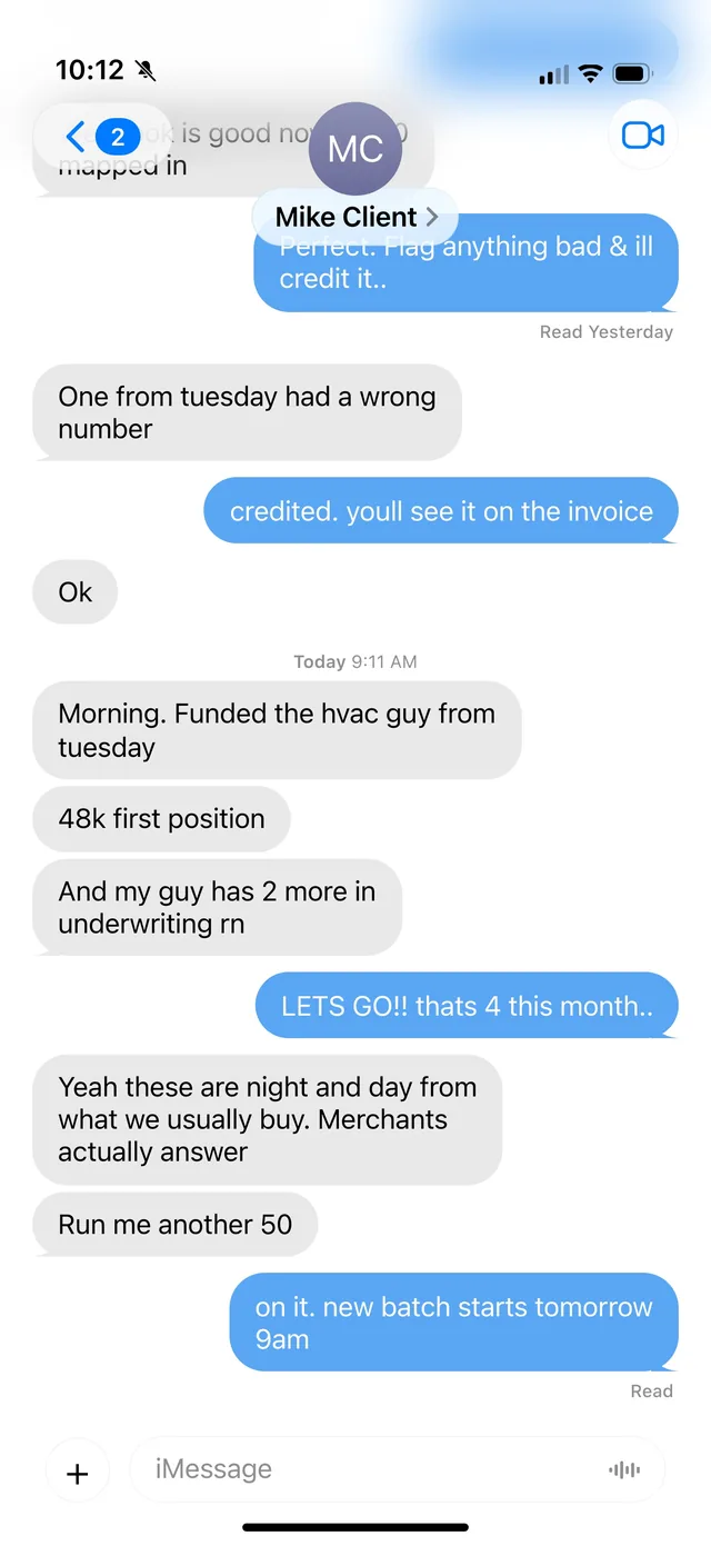 iMessage thread with a buyer: “Run me another 50”